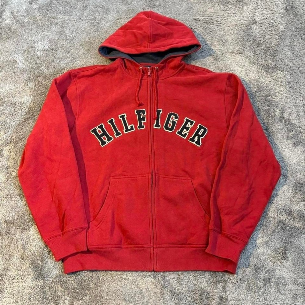 Y2K Style Classy Red Tommy Hilfiger sellout Zip Up Hoodie Medium‎